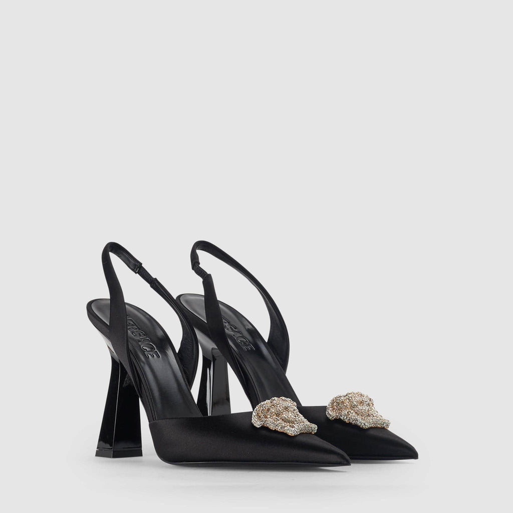 Shoes - Versace Women's Crystal LA Medusa Slingback Black Heels