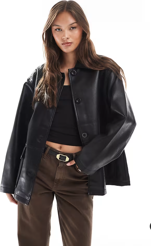 ASOS DESIGN leather look harrington jacket in black