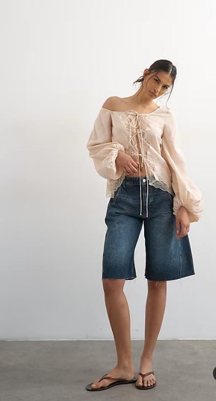 Topshop off shoulder tie detail lace trim blouse in ecru | ASOS